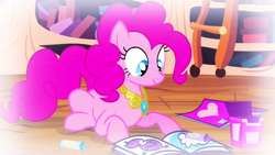 Size: 1920x1080 | Tagged: safe, derpibooru import, screencap, pinkie pie, bird, earth pony, pony, princess twilight sparkle (episode), book, coloring, coloring book, crayons, drawing, element of laughter, flashback, golden oaks library, heart, jewelry, necklace, smiling, solo