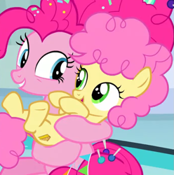 Size: 687x693 | Tagged: safe, derpibooru import, screencap, li'l cheese, pinkie pie, earth pony, pony, the last problem, candy, cropped, cute, duo, duo female, female, filly, food, holding a pony, mother and child, older, older pinkie pie, open mouth, parent and child, teeth