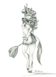 Size: 1000x1366 | Tagged: safe, artist:baron engel, derpibooru import, autumn blaze, anthro, kirin, unguligrade anthro, clothes, duster, female, grayscale, maid, monochrome, outfit, pencil drawing, smiling, solo, traditional art