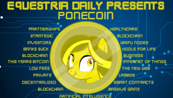 Size: 1280x720 | Tagged: safe, derpibooru import, oc, oc only, april fools, april fools 2018, bitcoin, blue background, equestria daily, liar face, simple background, technology, text