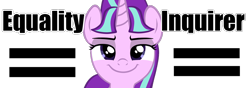 Size: 1000x350 | Tagged: safe, derpibooru import, starlight glimmer, pony, unicorn, april fools, april fools 2016, banner, equal cutie mark, equality, female, females only, looking at you, s5 starlight, simple background, smiling, smiling at you, solo, solo focus, text, transparent background