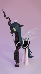 Size: 2160x3840 | Tagged: safe, artist:dieanondie, queen chrysalis, changeling, changeling queen, pony, 3d, blender, clothes, female, high res, maid, solo