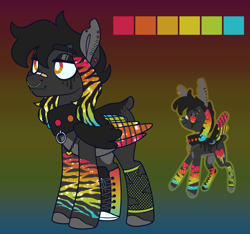 Size: 2160x2025 | Tagged: safe, artist:connorbal, derpibooru import, oc, pegasus, pony, bandaid, clothes, coat markings, collar, dock, ear piercing, eyebrow piercing, femboy, fishnets, male, no tail, nose piercing, nose ring, piercing, rainbow feathers, scene, shoes, snake bites, solo, stallion, unnamed oc, white pupils