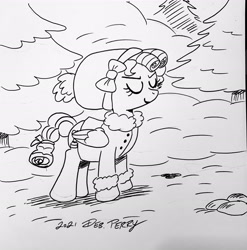 Size: 2986x3019 | Tagged: safe, artist:debmervin, derpibooru import, cozy glow, pegasus, pony, frenemies (episode), black and white, bow, clothes, coat, female, filly, grayscale, monochrome, snow, solo, traditional art, winter outfit