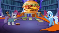 Size: 1280x720 | Tagged: safe, artist:heyitshayburgers, derpibooru import, edit, edited screencap, screencap, maud pie, trixie, earth pony, unicorn, season 7, uncommon bond, burger, cheeseburger, food, hamburger, mcdonald's, mcrib