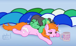 Size: 1000x603 | Tagged: safe, artist:phallen1, derpibooru import, oc, oc only, oc:maya northwind, oc:sadie michaels, earth pony, unicorn, atg 2021, coffee mug, duo, eyes closed, female, females only, lying down, mug, newbie artist training grounds, onomatopoeia, ponified oc, prone, sleeping, sound effects, sploot, tired, zzz