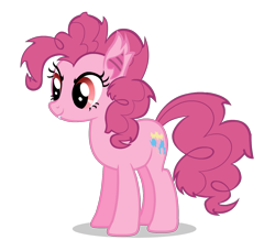 Size: 1495x1303 | Tagged: safe, artist:jakeneutron, derpibooru import, pinkie pie, bat pony, earth pony, alternate cutie mark, bat ponified, cute, cute little fangs, fangs, female, pinkiebat, puppet, race swap, red eyes, redesign, simple background, smiling, solo, species swap, transparent background, vector, wingless, wingless bat pony