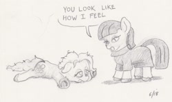 Size: 1813x1078 | Tagged: safe, artist:lost marbles, derpibooru import, maud pie, pinkie pie, earth pony, pony, bags under eyes, dialogue, ears, exhausted, female, females only, floppy ears, lying down, pencil drawing, prone, traditional art, underhoof