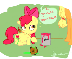 Size: 597x484 | Tagged: safe, artist:armapillow, derpibooru import, apple bloom, applejack, earth pony, pony, bodypaint, cutie mark, fake cutie mark, female, filly, mare, paint, speech bubble, surprised