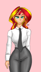 Size: 1000x1750 | Tagged: safe, artist:zachc, derpibooru import, sunset shimmer, human, alternate clothes, clothes, female, humanized, looking at you, necktie, solo