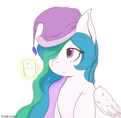 Size: 2480x2410 | Tagged: safe, artist:drawalaverr, derpibooru import, princess celestia, alicorn, pony, coffee, coffee cup, cup, female, hat, mare, simple background, sleepy, solo, white background