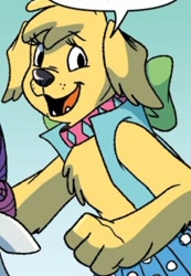 Size: 866x1255 | Tagged: safe, artist:briannacherrygarcia, derpibooru import, idw, fiona floppyears, diamond dog, spoiler:comic, spoiler:comicannual2021, bipedal, clothes, collar, female, female diamond dog, now, season 10, smiling, vest