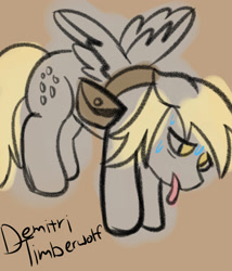 Size: 3000x3500 | Tagged: safe, artist:demitri, derpibooru import, derpy hooves, pony, bag, female, flying, mare, newbie artist training grounds, saddle bag, solo, sweat, tired, tongue, tongue out