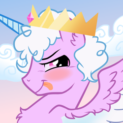 Size: 1920x1920 | Tagged: safe, artist:melonmilk, derpibooru import, oc, oc only, oc:dewy downcast, alicorn, pony, alicorn oc, blushing, bust, cloud, crown, horn, jewelry, male, male alicorn, portrait, regalia, rule 63, show accurate, sky, sky background, solo, stallion, tongue, tongue out, wings
