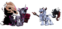 Size: 3400x1600 | Tagged: safe, artist:redahfuhrerking, derpibooru import, fhtng th§ ¿nsp§kbl, oleander, oc, oc:silver scorch, classical unicorn, kirin, pony, unicorn, them's fightin' herds, book, cloven hooves, leonine tail, simple background, staff, transparent background, unicornomicon, unshorn fetlocks