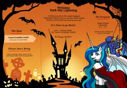 Size: 1792x1244 | Tagged: safe, artist:x-fang-z, derpibooru import, oc, oc only, oc:dark sky lightning, oc:reconcile ribbon, bat pony, ghost, pony, undead, bat pony oc, bat wings, castle, clothes, fangs, female, gravestone, halloween, mare, text, wings