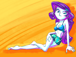 Size: 2224x1668 | Tagged: safe, artist:xjleiu, derpibooru import, rarity, equestria girls, barefoot, belly button, breasts, cleavage, clothes, feet, female, legs, pose, shorts, sleeveless, solo, summer, wiggling toes