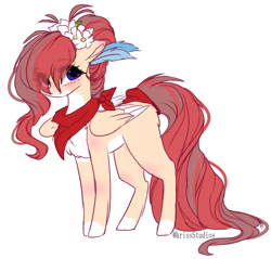 Size: 2240x2140 | Tagged: safe, artist:krissstudios, derpibooru import, oc, oc only, pegasus, pony, bandana, blushing, chest fluff, female, flower, flower in hair, mare, simple background, solo, two toned wings, white background, wings