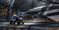 Size: 3000x1543 | Tagged: safe, artist:redchetgreen, derpibooru import, oc, oc only, pegasus, pony, clothes, hangar, helmet, mass effect, normandy, solo, spaceship, suit