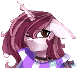 Size: 1511x1327 | Tagged: safe, artist:mediasmile666, derpibooru import, oc, oc only, pony, unicorn, bust, clothes, ears, female, floppy ears, looking at you, mare, one eye closed, scarf, simple background, solo, white background