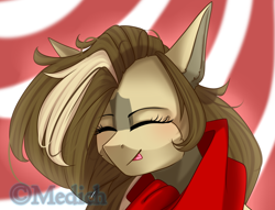 Size: 1708x1306 | Tagged: safe, artist:mediasmile666, derpibooru import, oc, oc only, pony, abstract background, bust, clothes, eyes closed, female, mare, scarf, smiling, solo, tongue, tongue out