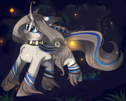 Size: 2731x2196 | Tagged: safe, artist:mediasmile666, derpibooru import, oc, oc only, firefly (insect), insect, pony, unicorn, coat markings, collar, curved horn, female, horn, mare, night, solo, underhoof, unshorn fetlocks