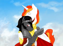 Size: 1400x1024 | Tagged: safe, derpibooru import, king sombra, oc, oc:king phoenix, alicorn, pony, umbrum, unicorn, alicorn oc, cape, clothes, crown, horn, hug, hugging a pony, jewelry, male, regalia, sky, stallion, wings