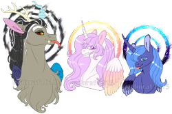 Size: 1113x743 | Tagged: safe, artist:malinraf1615, derpibooru import, discord, princess celestia, princess luna, alicorn, draconequus, pony, :p, bust, forked tongue, pink-mane celestia, portrait, s1 luna, tongue, tongue out, watermark, young, younger