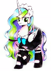 Size: 2541x3510 | Tagged: source needed, safe, artist:liaaqila, derpibooru import, princess celestia, queen chrysalis, alicorn, pony, clothes, cute, cute little fangs, disguise, disguised changeling, dress, fangs, female, green eyes, maid, mare, simple background, solo, white background