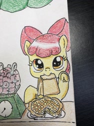 Size: 1536x2048 | Tagged: safe, artist:tmtmbrony, derpibooru import, apple bloom, earth pony, pony, apple, bag, cake, food, frog (hoof), looking at you, mouth hold, offscreen character, paper bag, pie, pov, scale, solo, traditional art, underhoof