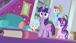 Size: 341x192 | Tagged: safe, derpibooru import, screencap, cozy glow, rainbow dash, starlight glimmer, twilight sparkle, twilight sparkle (alicorn), alicorn, pegasus, pony, unicorn, school raze, season 8, spoiler:s08, book, female, filly, school of friendship