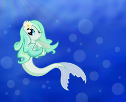 Size: 2531x2043 | Tagged: safe, artist:mappymaples, derpibooru import, oc, oc only, merpony, seapony (g4), blue eyes, bubble, crepuscular rays, female, fish tail, flower, flower in hair, flowing tail, ocean, solo, swimming, tail, underwater, water