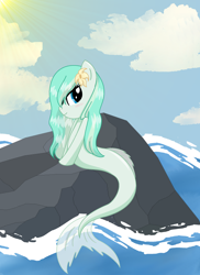 Size: 1700x2338 | Tagged: safe, artist:mappymaples, derpibooru import, oc, oc only, seapony (g4), blue eyes, cloud, dorsal fin, female, flower, flower in hair, flowing tail, ocean, rock, sky, solo, sun, sunlight, tail, water