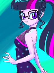 Size: 756x1009 | Tagged: safe, artist:xjleiu, derpibooru import, sci-twi, twilight sparkle, better together, equestria girls, backless, bare shoulders, glasses, pixiv, ponytail, sleeveless, solo