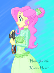 Size: 900x1200 | Tagged: safe, artist:xjleiu, derpibooru import, fluttershy, equestria girls, camera, clothes, dress, eyeshadow, film reel, hair bun, konica hexar, lipstick, makeup, solo