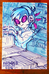 Size: 800x1200 | Tagged: safe, artist:xjleiu, derpibooru import, dj pon-3, vinyl scratch, equestria girls, headphones, inktober, inktober 2020, record, record store, solo, sunglasses