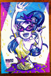 Size: 800x1200 | Tagged: safe, artist:xjleiu, derpibooru import, sci-twi, twilight sparkle, equestria girls, clothes, dress, inktober, inktober 2020, ponied up, singing, solo, sunglasses