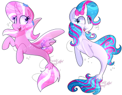 Size: 1370x1067 | Tagged: safe, artist:llyly, derpibooru import, oc, oc only, alicorn, pony, seapony (g4), unicorn, blue eyes, dorsal fin, female, fin wings, fish tail, flowing mane, flowing tail, horn, looking at each other, open mouth, purple eyes, seaponified, simple background, smiling, species swap, tail, teeth, transparent background, wings