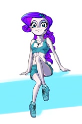 Size: 593x900 | Tagged: safe, artist:xjleiu, derpibooru import, idw, rarity, equestria girls, spoiler:comicequestriagirlsmarchradness, clothes, eyeshadow, hairpin, makeup, march radness, midriff, pink panties, shorts, socks, solo, sports bra, sports panties, sports shoes, sports shorts, upshorts