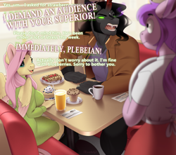Size: 1016x900 | Tagged: safe, artist:evehly, derpibooru import, fluttershy, king sombra, oc, anthro, pegasus, unicorn, adorasexy, alternate hairstyle, angry, big breasts, breakfast, breasts, clothes, coat, coffee, coffee mug, commission, crepe, cute, dialogue, diner, disproportionate retribution, fangs, female, food, fork, glowing eyes, hootershy, karen, knife, male, mare, muffin, mug, napkin, open mouth, pancakes, rage, sexy, sharp teeth, shipping, shirt, shyabetes, skirt, sombra eyes, sombrashy, stallion, straight, sweater, sweater dress, sweater puppies, sweatershy, table, teeth, this will end in tears, turtleneck, waitress