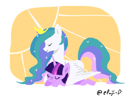 Size: 1200x900 | Tagged: safe, artist:epuji-d, derpibooru import, princess celestia, twilight sparkle, unicorn twilight, alicorn, pony, unicorn, cute, cutelestia, duo, eyes closed, female, lying down, mare, momlestia, pixiv, profile, prone, sleeping, sploot, sun, twiabetes, wing blanket, winghug, wings