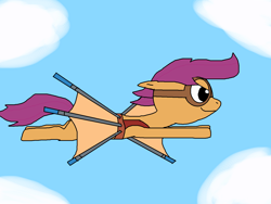 Size: 1500x1125 | Tagged: safe, artist:blazewing, derpibooru import, scootaloo, spoiler:comic, spoiler:comic81, artificial wings, atg 2021, augmented, cloud, female, filly, flying, foal, glider, goggles, newbie artist training grounds, sky, smiling, wings