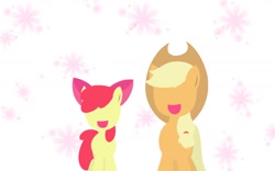 Size: 1600x1000 | Tagged: safe, artist:garamumasara2ha, derpibooru import, apple bloom, applejack, earth pony, pony, female, filly, mare, no eyes, open mouth, open smile, siblings, sisters, smiling