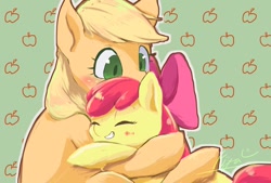 Size: 1024x692 | Tagged: safe, artist:ashitaka_kiyu, derpibooru import, apple bloom, applejack, earth pony, pony, blushing, eyes closed, female, filly, grin, hug, mare, siblings, sisters, smiling