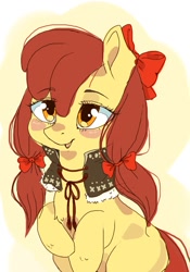 Size: 867x1237 | Tagged: safe, artist:rine_li, derpibooru import, apple bloom, alternate hairstyle, blushing, female, filly, solo