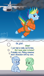 Size: 1000x1716 | Tagged: safe, artist:phallen1, derpibooru exclusive, derpibooru import, rainbow dash, oc, oc:software patch, oc:windcatcher, atg 2021, bound wings, chained, clothes, colored sketch, cuffs, dialogue, escape, falling, gritted teeth, jumpsuit, mouth hold, newbie artist training grounds, parachute, plane, prison outfit, prisoner rd, pulling, shitposting, smoke, teary eyes, wings