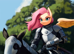 Size: 2000x1458 | Tagged: safe, artist:mrscroup, derpibooru import, fluttershy, anthro, horse, pegasus, pony, armor, cloud, female, flutterknight, gauntlet, knight, mare, plate armor, ponies riding horses, riding, scabbard, sky, sword, tree, weapon