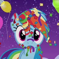 Size: 1080x1080 | Tagged: safe, derpibooru import, screencap, rainbow dash, pegasus, pony, newbie dash, season 6, balloon, confetti, cropped, female, mare, party balloon, solo