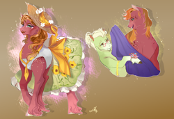 Size: 1500x1025 | Tagged: safe, artist:bunnari, derpibooru import, big macintosh, granny smith, earth pony, pony, alternate hairstyle, blushing, brown background, clothes, crossdressing, cute, drag queen, dress, eyeshadow, female, freckles, glasses, grandmother and grandchild, grandmother and grandson, hat, leg fluff, lipstick, makeup, male, mare, measuring tape, open mouth, simple background, stallion, sun hat, unshorn fetlocks