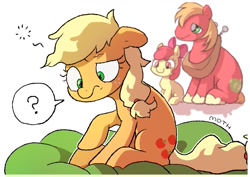 Size: 1457x1032 | Tagged: safe, artist:mochi_nation, derpibooru import, apple bloom, applejack, big macintosh, earth pony, pony, bed, confused, female, filly, male, mare, messy mane, question mark, sitting, speech bubble, stallion, translation request, trio, waking up